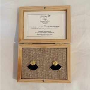 NIB Brackish Zehn Peacock Feathers Black and Gold Colored Fan Earrings